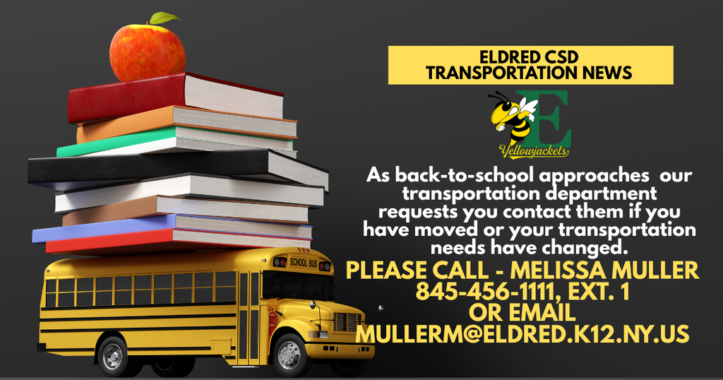 Image of a school bus with textbooks and an apple stacked on top with details about contacting the school transportation department if your transportation needs have changed