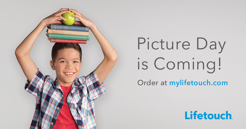 Image of student holding books and an apple with an announcement the Picture Day is Coming