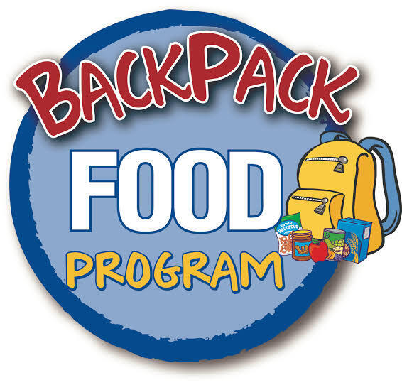 Image of a blue circle with the words BackPack Food Program and the image of a yellow backpack with canned goods in front of it