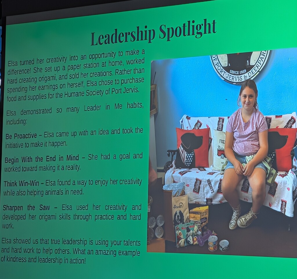 Image of a slide focusing on a leadership spotlight of a student who was "caught being a leader"