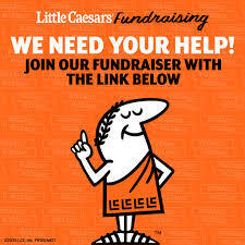 Orange background with the Little Caesars Pizza mascot announcing a fundraiser