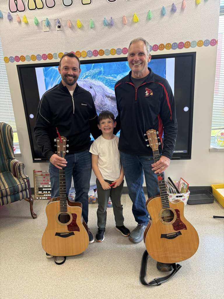 Kindergarten had some very special visitors! Former superintendent Mr. Semingson (who now prefers to go by “Grandpa Semingson” ) and his son, Mr. Semingson, stopped by to sing and play music with the students. 