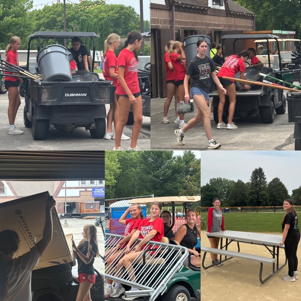 Four image collage shows Lady Cardinals unload garbage cans, fencing and picnic tables