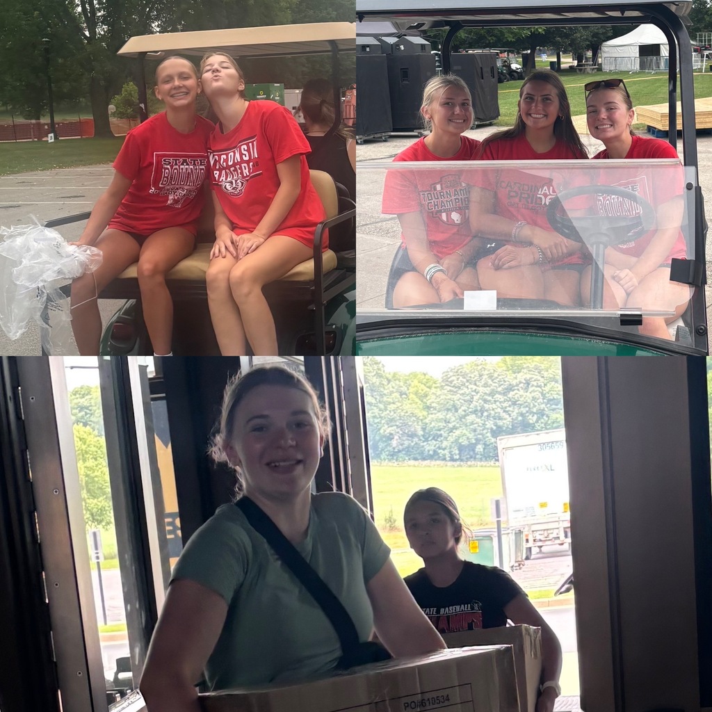 3 image collage shows Lady Cardinals smiling while setting up at Ashley for the Arts