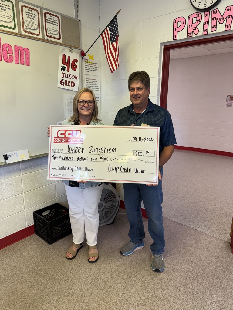 Big congratulations to middle school math teacher Mrs. Jodi Zingshiem on being named a recipient of the Co-op Credit Union Outstanding Teacher Award!