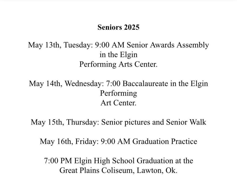 Seniors 2025 Schedule