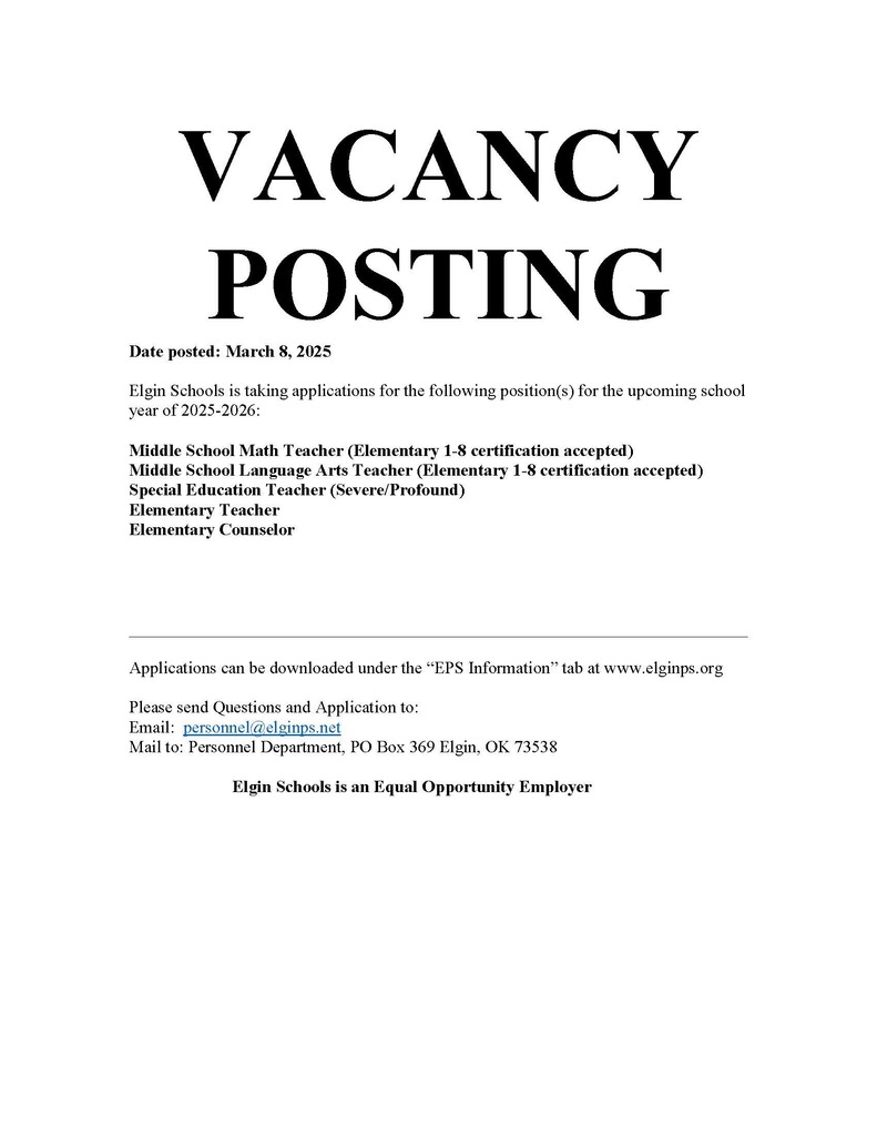 Vacancy Post for Elgin Public Schools, 8 March 2025