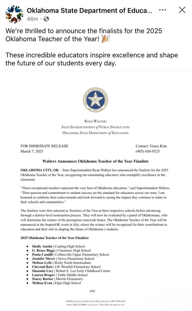 Oklahoma State Department of Education Teacher of the Year Finalist Announcement