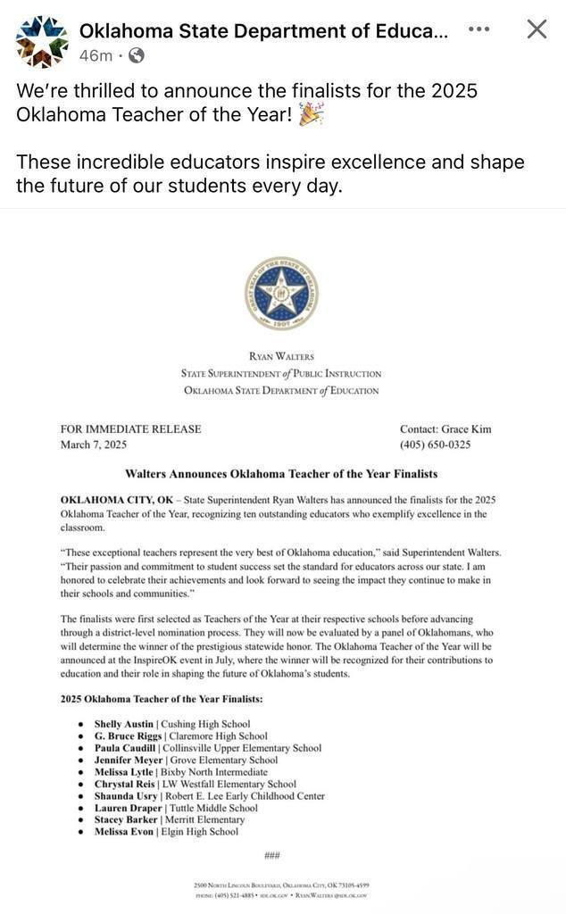Oklahoma State Department of Education. We're thrilled to announce the finalists for the 2025 Oklahoma Teacher of the Year! These incredible educators inspire excellence and shape the future of our students every day.