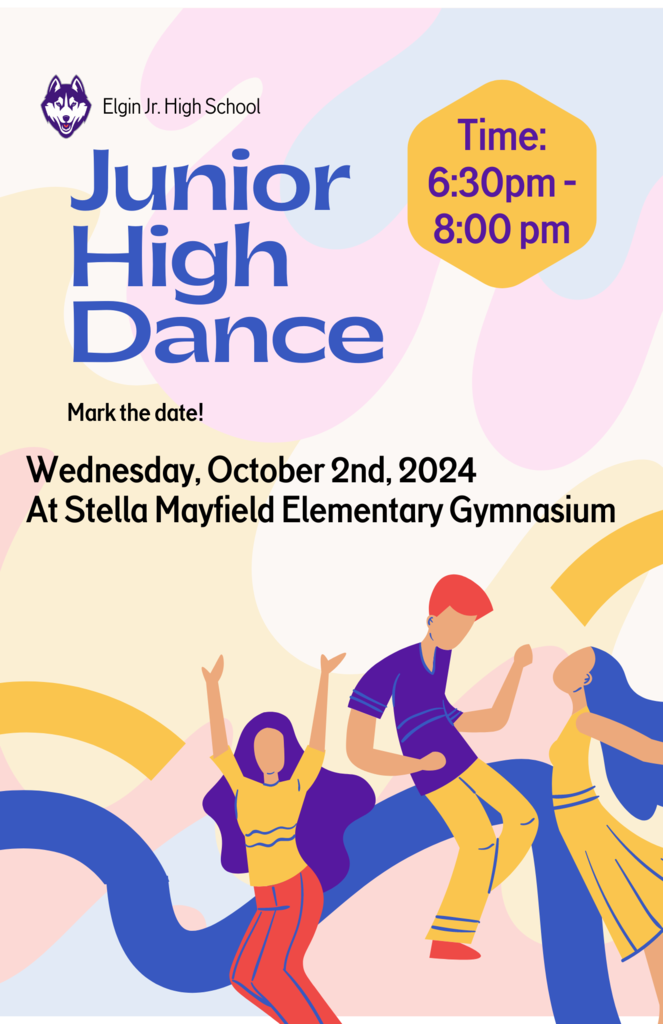 Jr. High Dance Husky Logo, kids dancing, multi color background