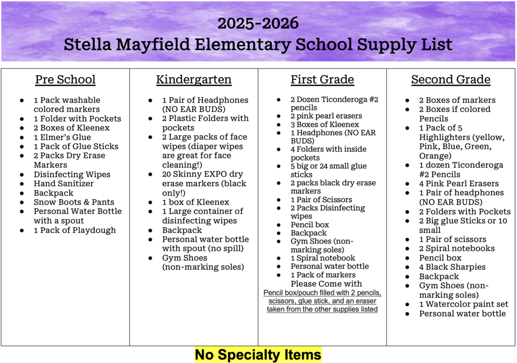 Pre K to 2nd grade supply list