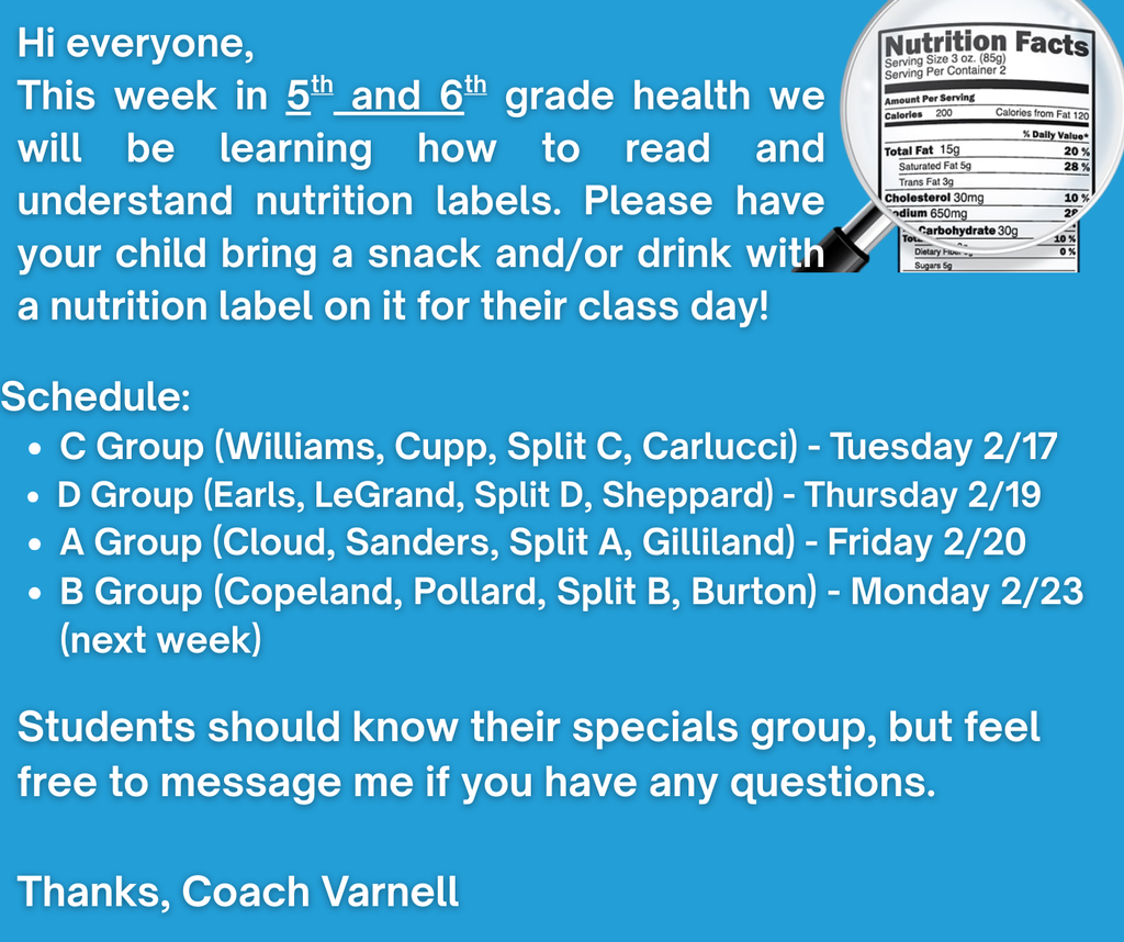 Announcement for Nutrition Lesson in 5th and 6th grade Health.