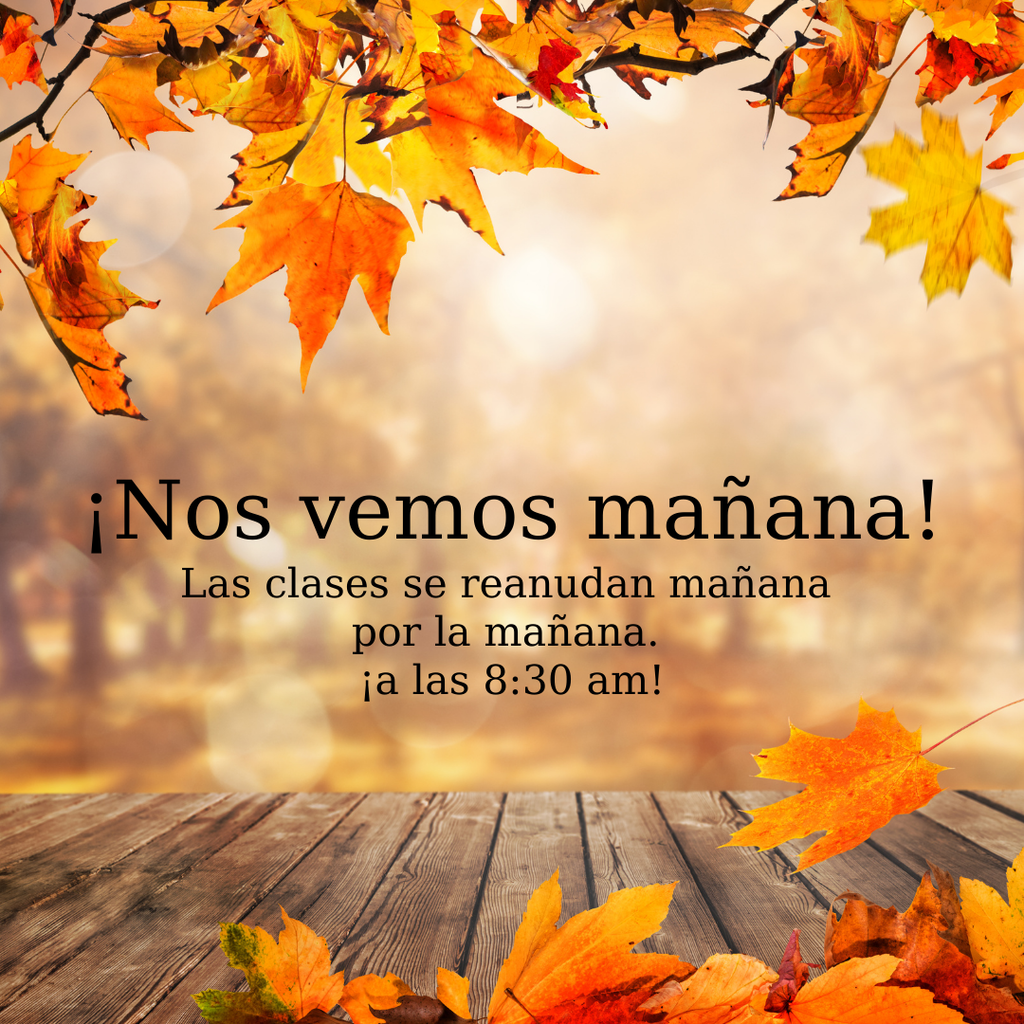 Nos vemos manana! Las clases se reanudan manana por la manana. A las 8:30 a.m.!