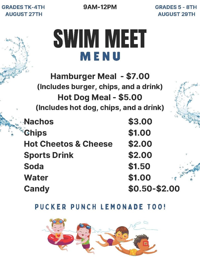 Swim Day Snack Bar Menu