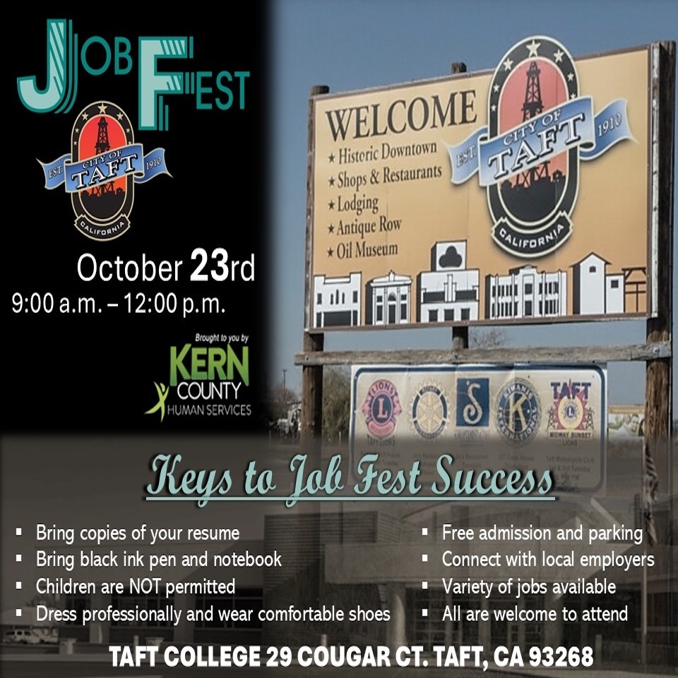 Taft Job Fest 10/23/25 from 9AM-12PM at Taft College 29 Cougar st. Taft, CA 93268