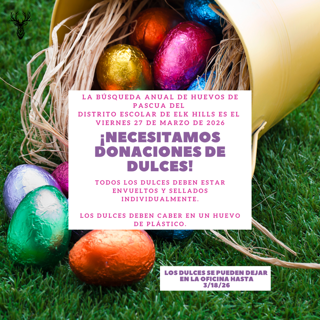 Necesitamos donaciones de dulces! Todos los dules deben estar envvueltos y sellados individualmente. Los dulces deben caber en un huevo de plastico. Los dulces de pueden dejar en la oficina hasta 3/18/26.