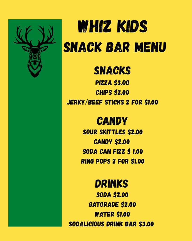 Whiz Kids Snack Bar Menu