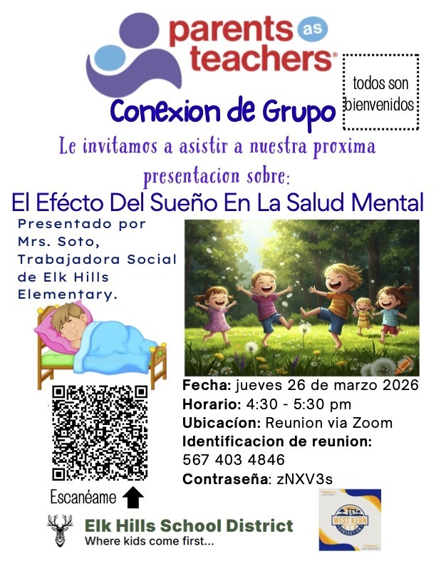 Conexion de Grupo: El Efecto Del Sueno En La Salud Mental. Jevues 26 de Marzo 2026 4:30PM-5:30PM Reunion via Zoom. Identigifcation de reunion: 567 403 4846 Contrasena: zNXV3s
