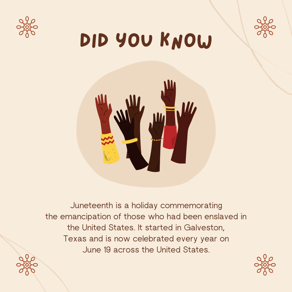 Did you know? Juneteenth is a holiday commenorating the emanciaption of those who had been enslaved in the United States. It started in Galveston, Texas and is now celebrated every year on June 19 across the United States. 