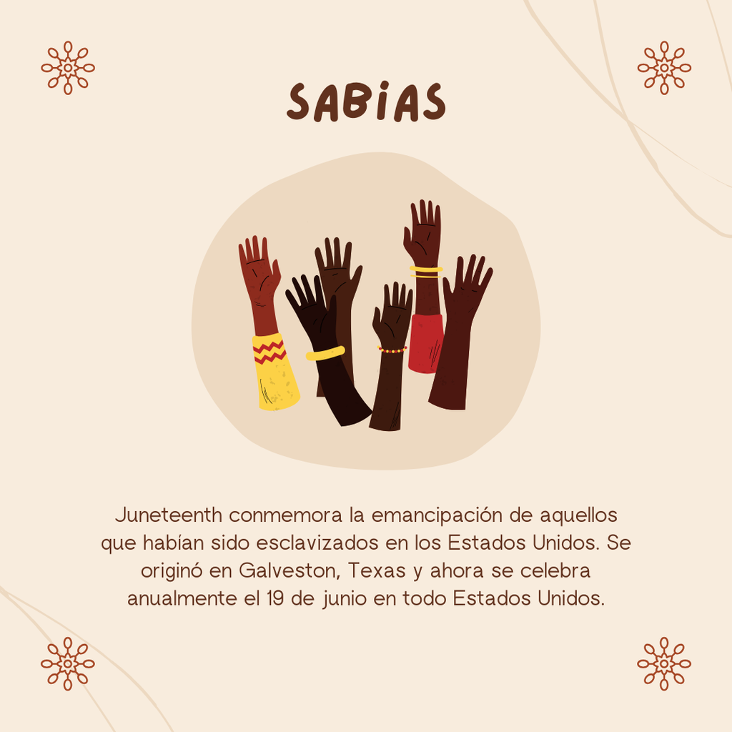 Sabias? Juneteenth cnmemora la emancipacion de aquellos que habian sido esclavizados en los Estados Unidos. Se origino en Galveston, Texas y ahora se celebra anualmente el 19 junio en todo Estados Unidos. 