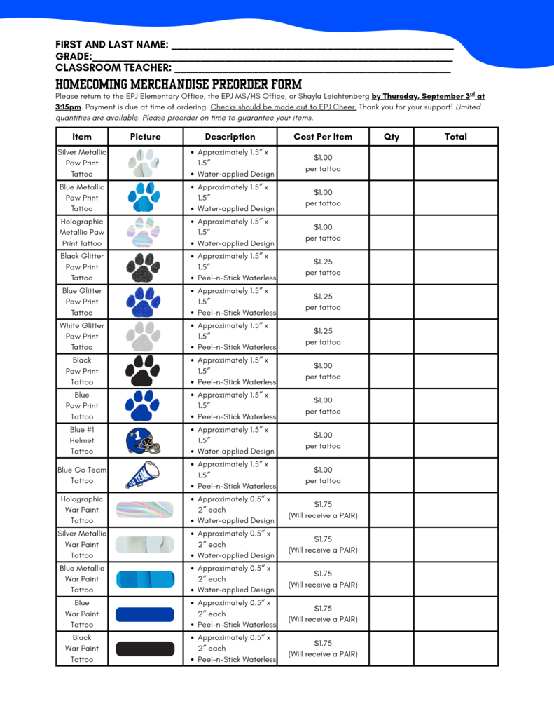 Homecoming order forms front