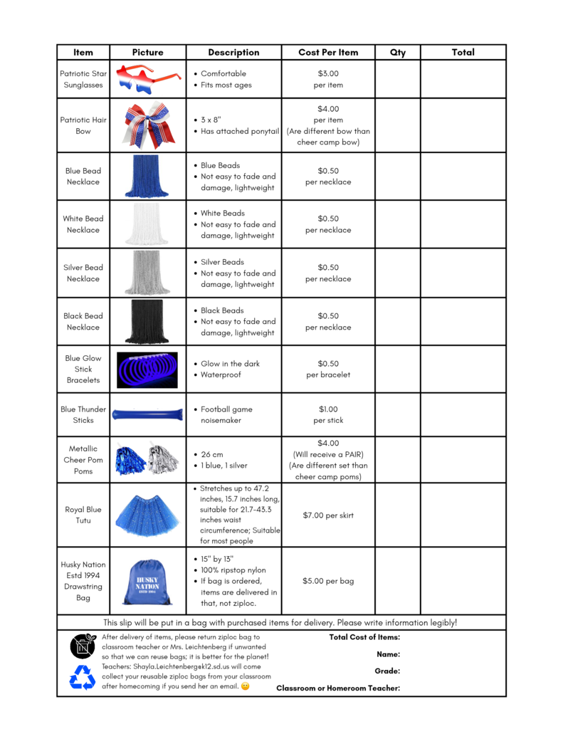 Homecoming order form back