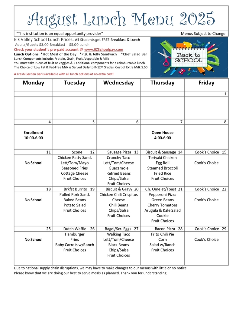 August 2026 Lunch Menu