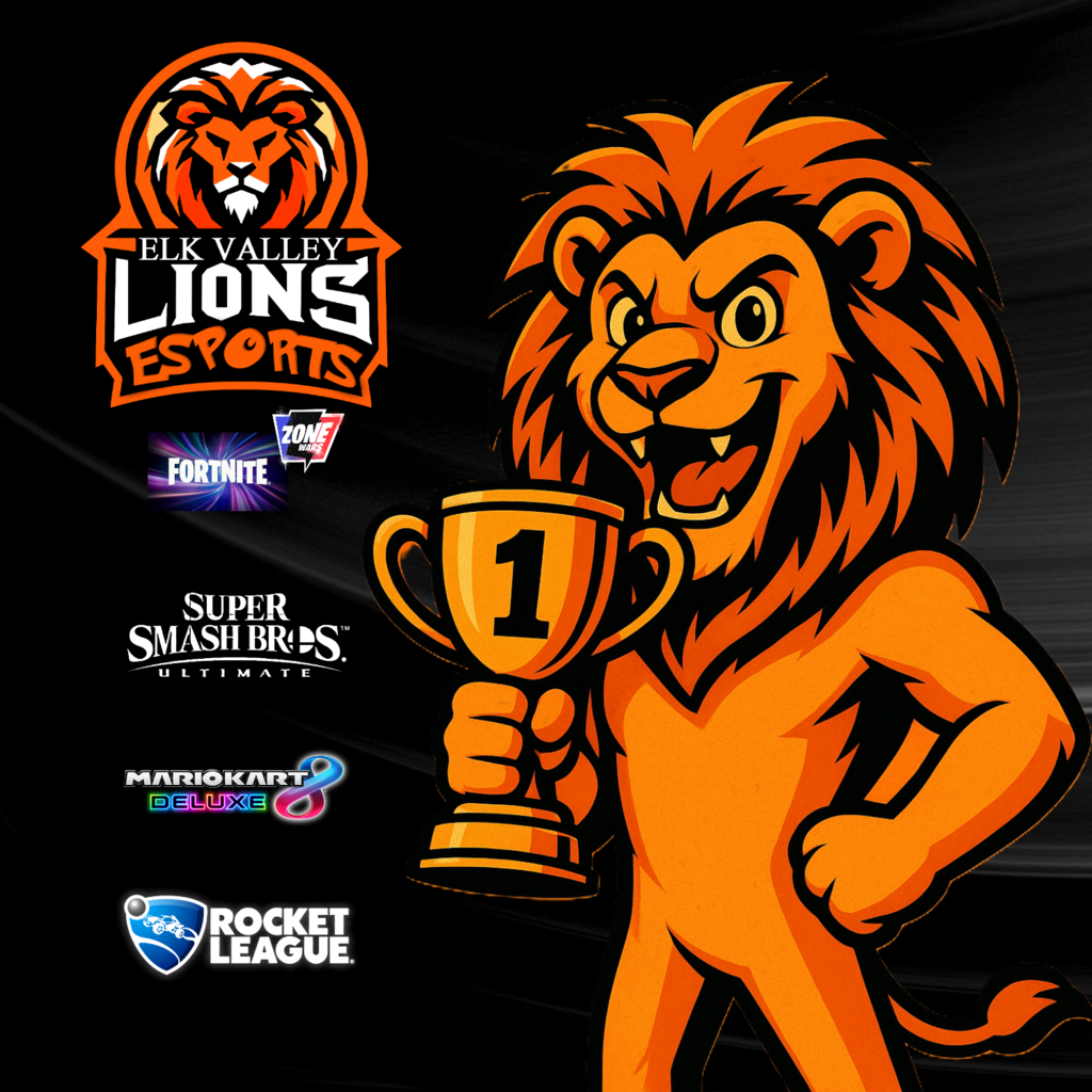 Elk Valley eSports logo with a lion holding #1 trophy. Logos for fortnite zone wars, super smash brothers, mario kart deluze, and rocketleague