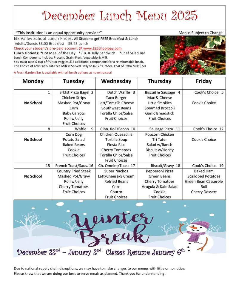December Lunch Menu