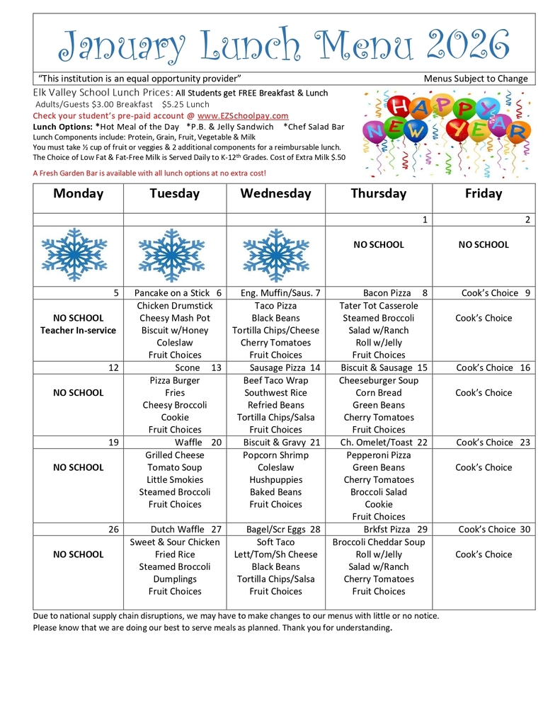 January Lunch Menu 2026