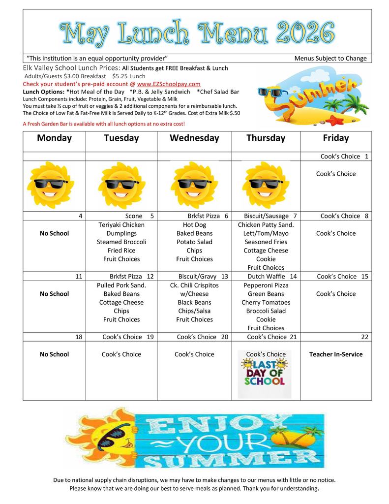 may 26 lunch menu