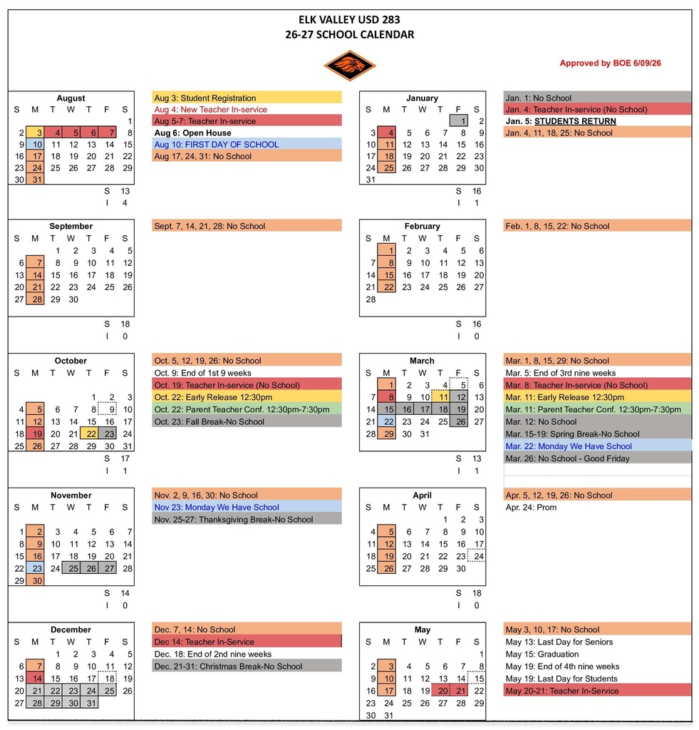 Elk Valley 2026 - 2027 School Calendar