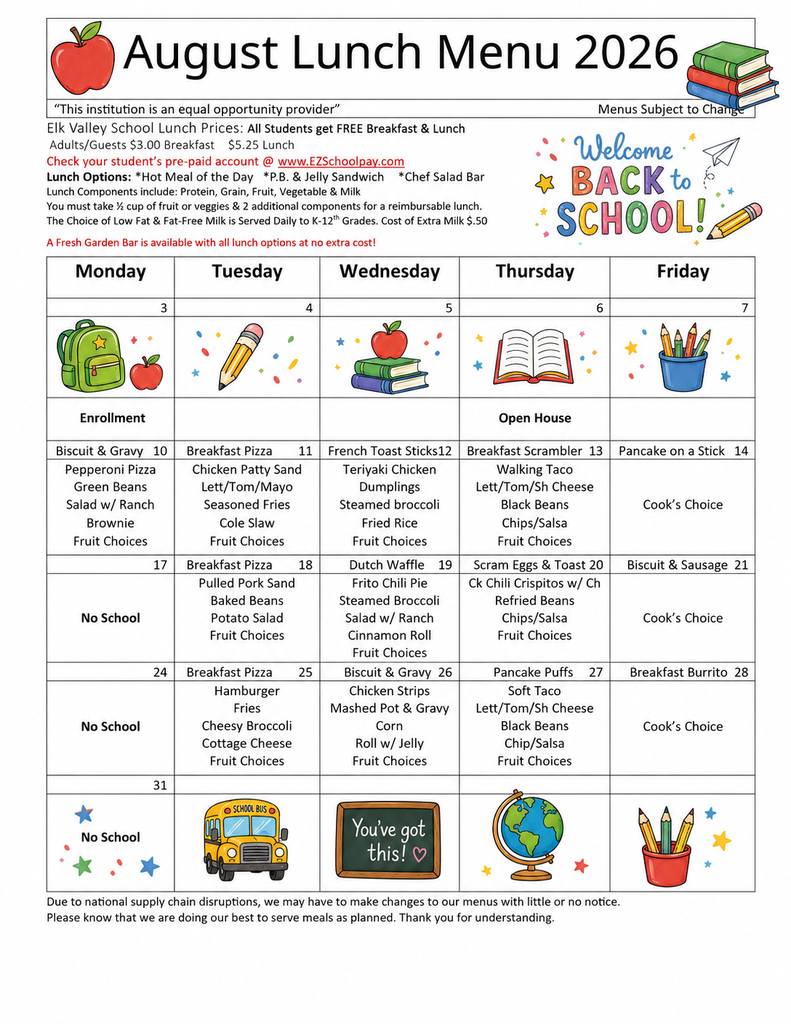 Aug 2026 Lunch Menu