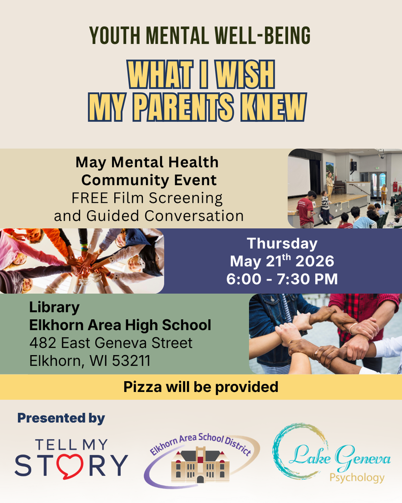 Poster with text "Youth Mental Well-Being" features an event date of May 21, 2026, and a community screening and discussion.
