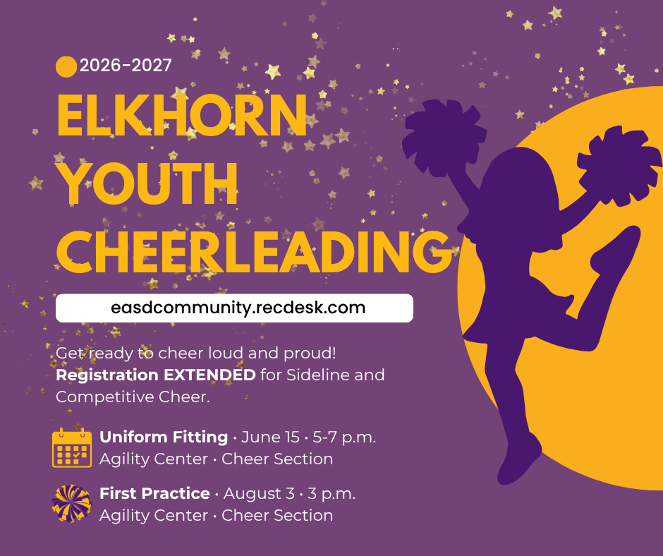 Flyer with a purple background, featuring a jumping cheerleader silhouette and text about the 2028-2027 season.