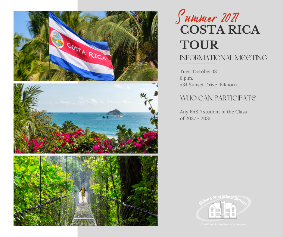 Advertisement for the Summer 2017 Costa Rica Tour with images of a flag, ocean, flowers, and a bridge.