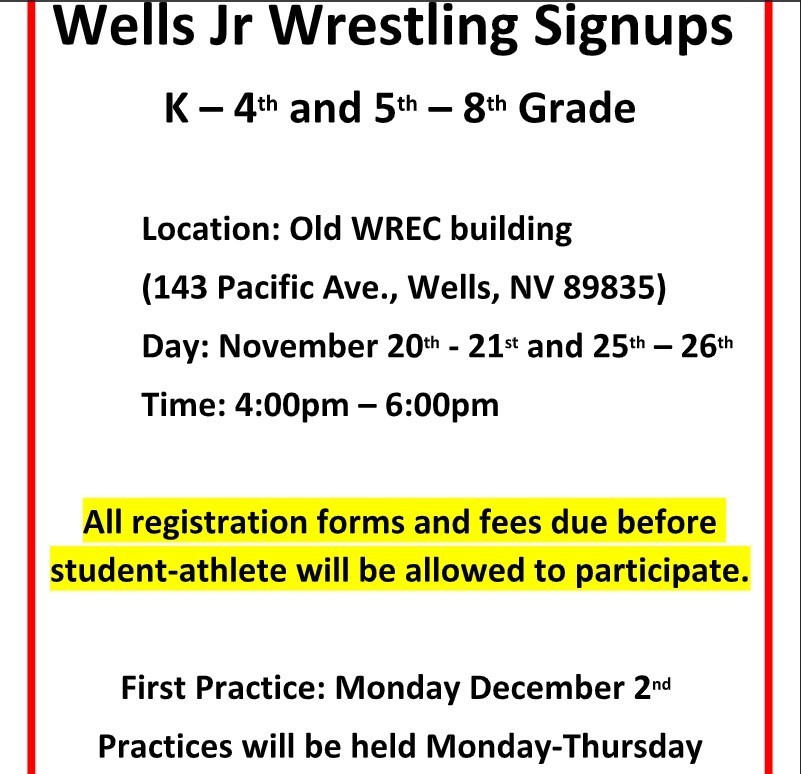 Wells Junior Wrestling signups for grades K-8