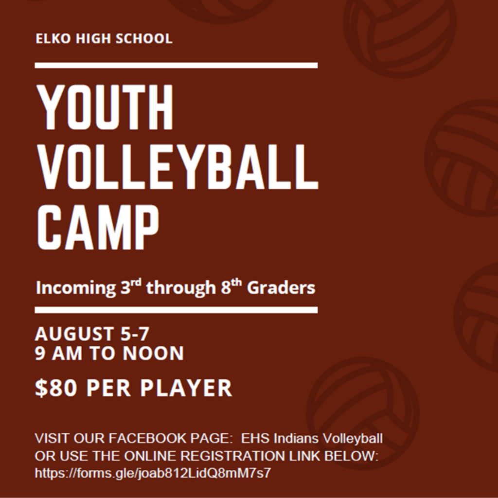 EHS Youth Volleyball Camp Aug 5-7 VISIT OUR FACEBOOK PAGE: EHS Indians Volleyball OR USE THE ONLINE REGISTRATION LINK: https://forms.gle/joab812LidQ8mM7s7