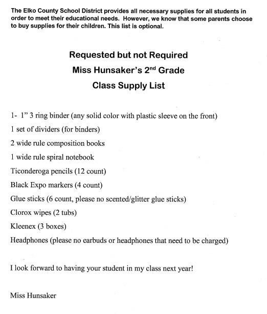 Hunsaker supply list