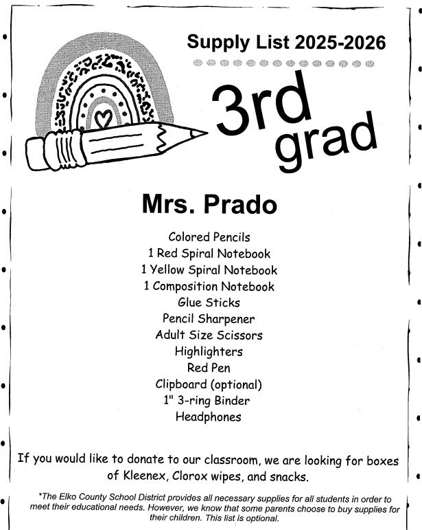 Mrs. Prado's supply list