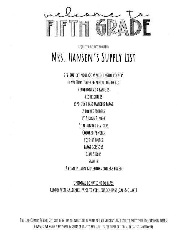 5th grade supply list