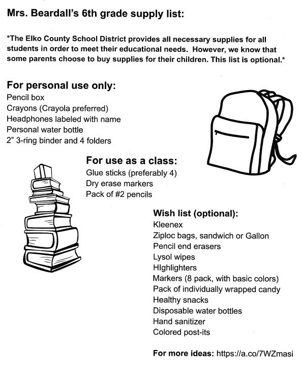 6th grade supply list