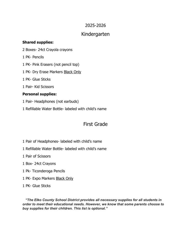 25-26 Kinder & 1st Gr Supply List