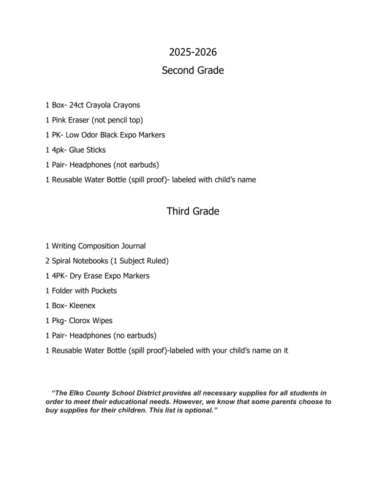 25-26 2nd & 3rd GR Supply List
