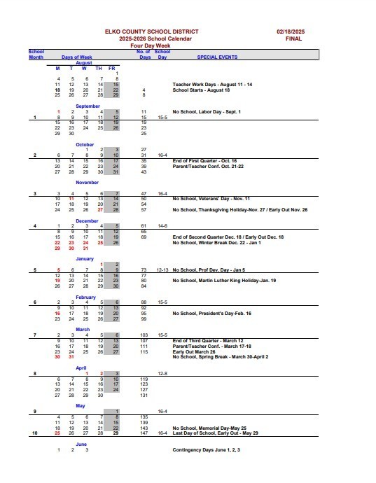 ECSD 2025-2026 school year schedule