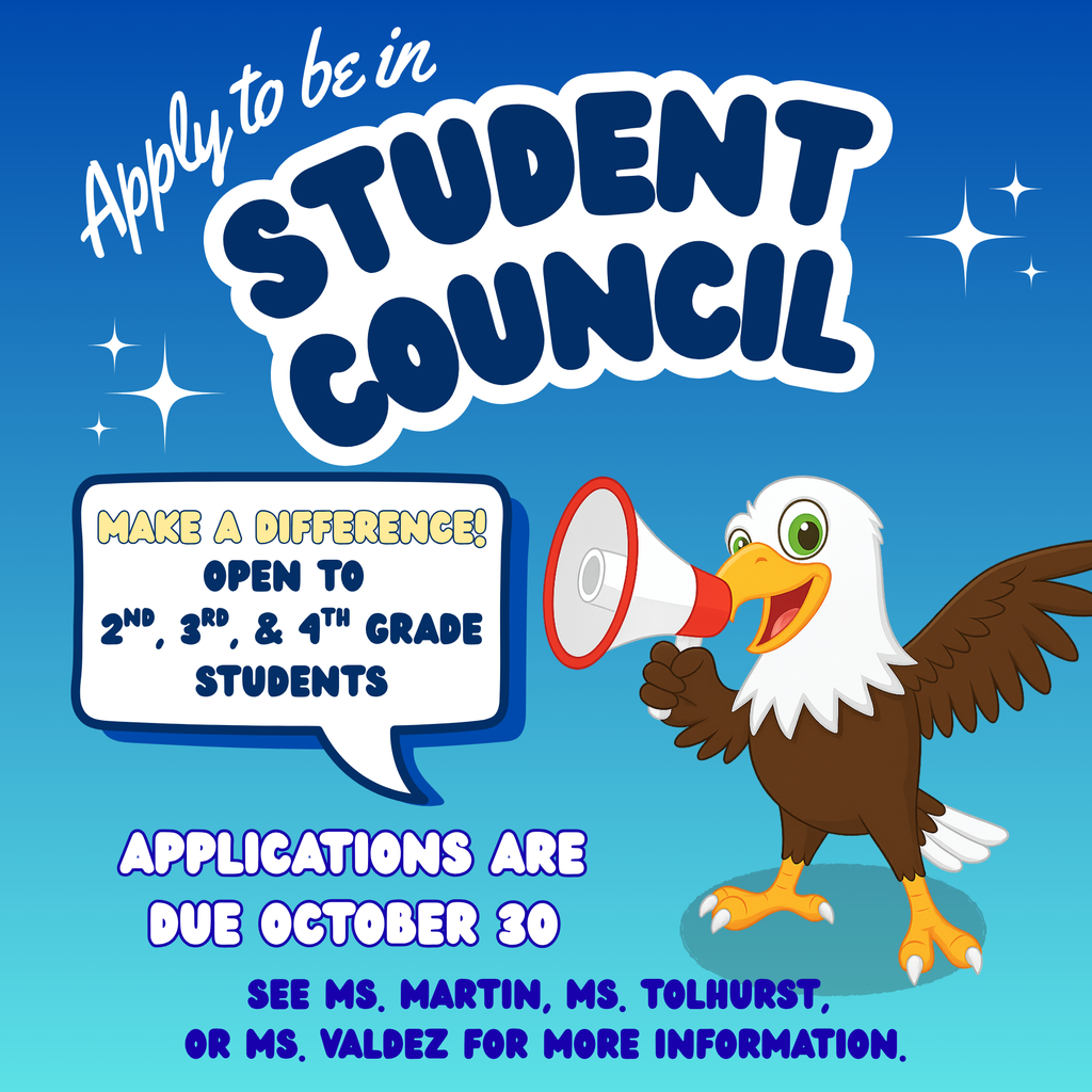 MVE Student Council applications are available online or in the front office and apps are due Oct. 30. Student Council is made up of 2nd, 3rd, and 4th graders.