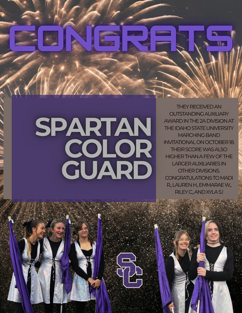 They received an Outstanding Auxiliary award in the 2A Division at the Idaho State University Marching Band Invitational on October 18. Their score was also higher than a few of the larger auxiliaries in other divisions. Congratulations to Madi R., Lauren H., EmmaRae W., Riley C., and Xyla S.!