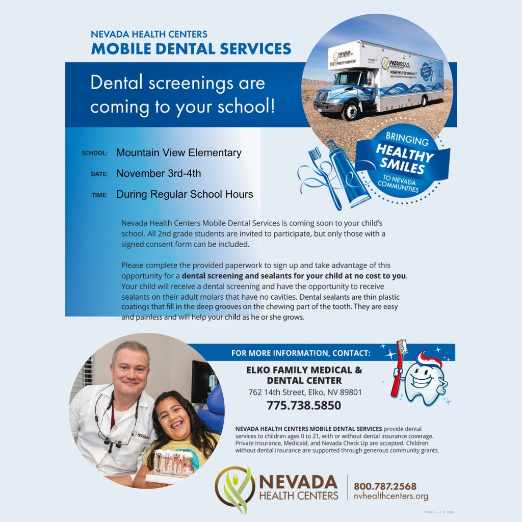 Mobile dental services will be at our school for 2nd graders on Nov 3-4, 2025.