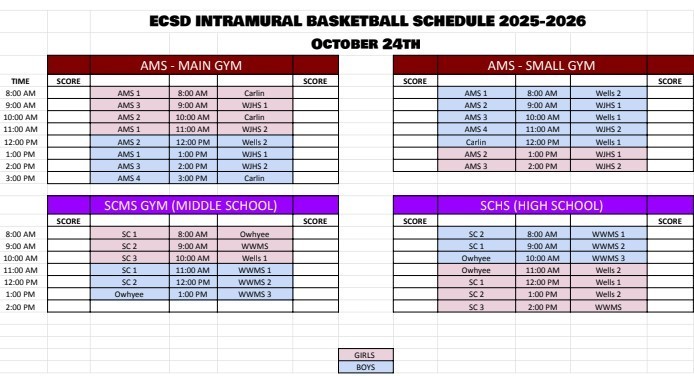 Intramural basketball scheulde for 25 October