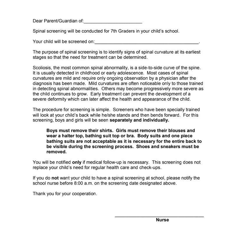 Spinal screening form for parents to sign